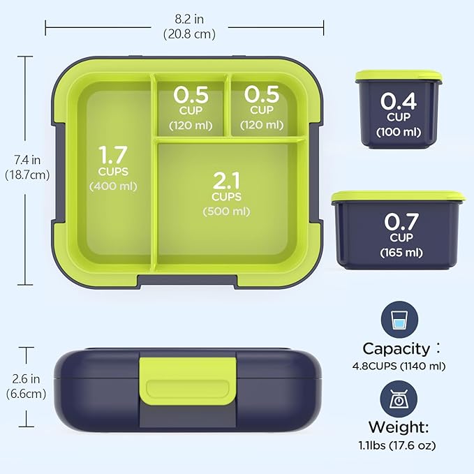 Caperci Bento Box for Kids Age 4-8 - Leak-Proof Toddler Lunch Box Container with 2 Modular Containers & 4-Compartment, Hold 4.8 Cups, Portable Handle, BPA-Free, Microwave/Dishwasher Safe (Dinosaur)