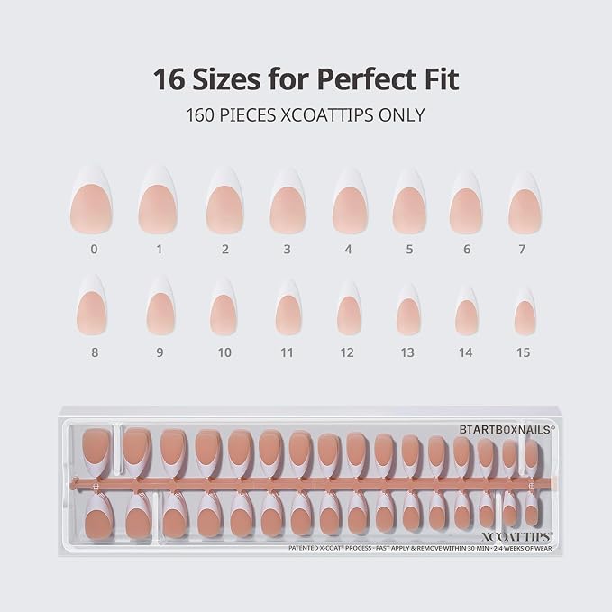 BTArtboxnails XCOATTIPS White French Tip Press On Nails, M Almond, Peach | Lamp-Curable, 4-Week Wear, Natural Nail Look, Salon Quality Value at Home, Easy-to-Apply for Beginners, 160ct Nail Tips Only