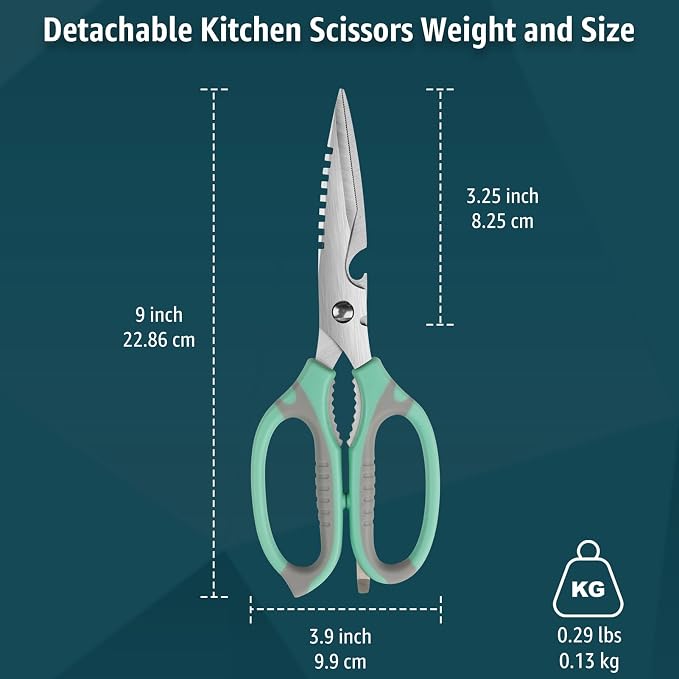 BoFuYuan Detachable Heavy Duty Kitchen Scissors for Food 9-Inch Green | Dishwasher Safe, Sharp Serrated Blade, Multifunctional, Ergonomic Non-Slip Handle, Multipurpose Cooking Food Cutting Shears