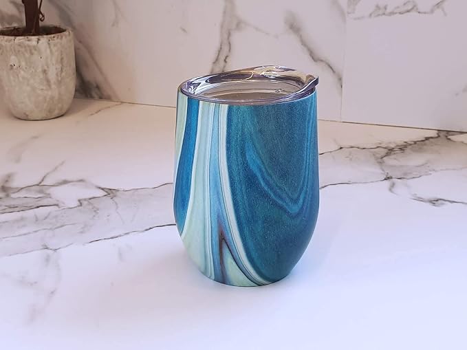 CHILLOUT LIFE 12 oz Stainless Steel Wine Tumblers 2 Pack - Double Wall Vacuum Insulated Wine Glasses Cups with Lids and Straws Set Keeping Cold & Hot for Coffee, Beer, Ice Cream - Ocean Marble Pattern