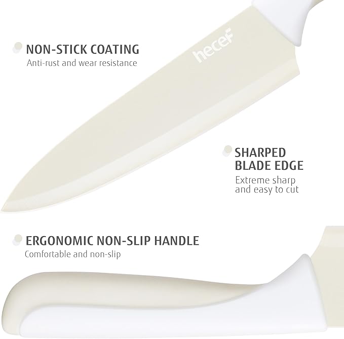 hecef 15Pcs Cream White Kitchen Knife Set, Built-in Sharpening Wooden Block | Dishwasher Safe, High Carbon Stainless Steel, Includes Steak Knives & Kitchen Scissors