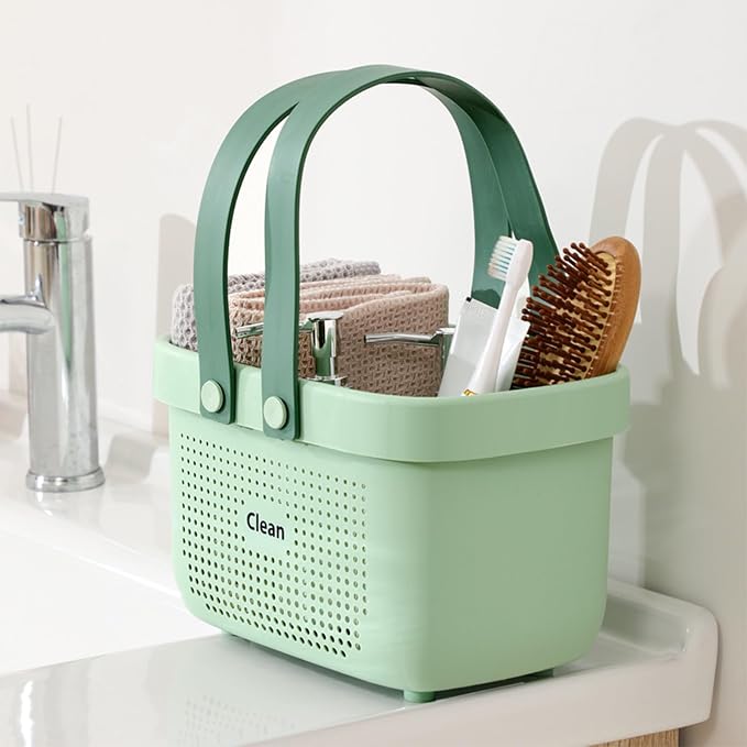 Portable Shower Caddy Basket with Handle Plastic Storage Basket Small Green | Sturdy Drainage Large Capacity Organizer Basket with Silicone Handles for Bathroom Kitchen Bedroom College Dorm Essentials