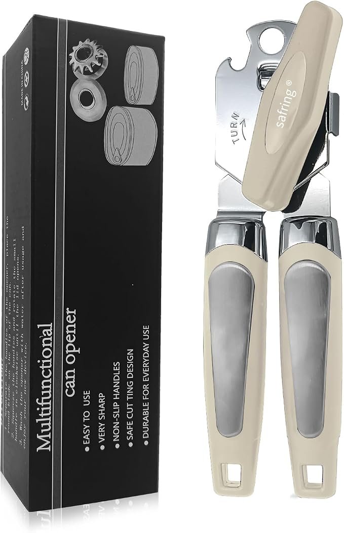 Safring Can Opener Manual, Handheld Strong Heavy Duty Stainless Steel Can Opener, Comfortable Handle, Sharp Blade Smooth Edge, Can Openers with Multifunctional Bottle Opener, Beige