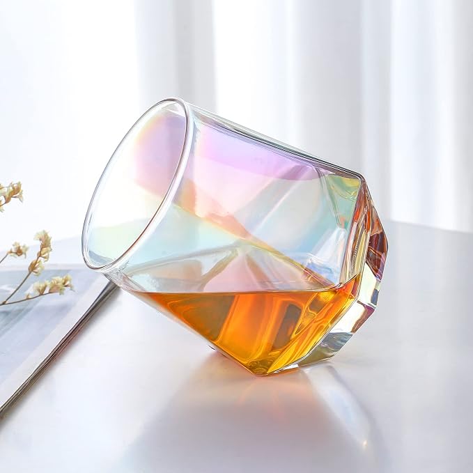 Stemless Wine Glasses Set of 4, Modern Rainbow Diamond Wine Glass, Lead-Free Premium Crystal Iridescent Wine Glasses Set for Daily Use Wedding Anniversary or Birthday Gift