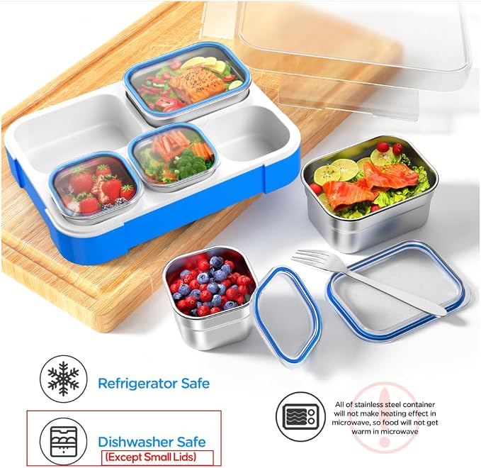 Lunch Box Stainless Steel Bento for Kids Adults Leakproof BPA-Free with Lunch Bag Metal Lunch Containers Tray 5-Compartment with Fork for Boy Food Snack Containers for School Outdoors Navy-Blue
