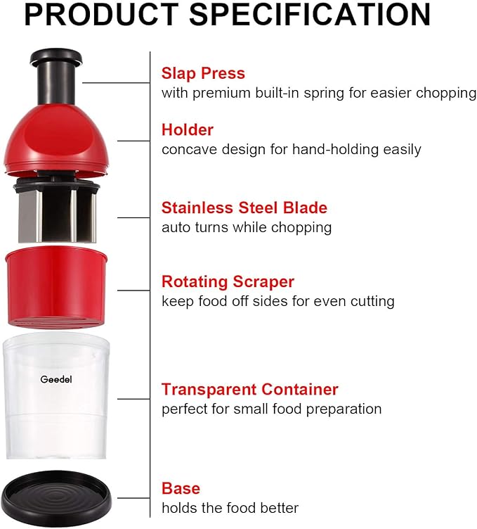 Geedel Food Chopper, Easy to Clean Manual Hand Vegetable Chopper, Dishwasher Safe Slap Onion Cutter for Veggies Onions Garlic Nuts Salads Red | Hand Chopper for Veggie Onions Garlic Nuts Salads, Fast & Even Chopping, Sharp Stainless Steel Blade, Dishwa...