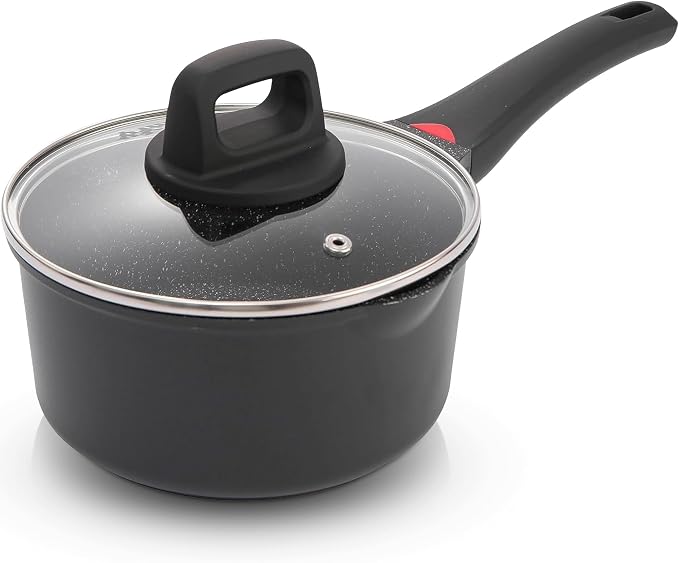 1.3Qt Nonstick Ceramic Sauce Pan with Glass Lid, 6.2" | Black ceramic nonstick, toxin/PFOA-free. Induction/gas compatible. Even heating. Soft-touch cool handle. Easy clean
