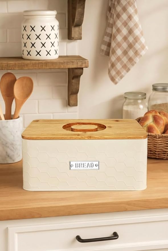 Bread Box for Countertop, Small Cream White Metal Bin, Bamboo Lid | Small farmhouse bread storage container and bread bin with cutting board lid for homemade bread and baked goods organization.