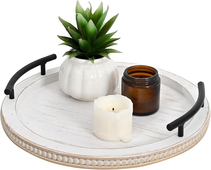 SwallowLiving White Wooden Beaded Serving Tray with Handle Decorative Rustic Whitewashed Tray for Coffee Table Farmhouse Round Tray for Kitchen, Living Room and Bedroom