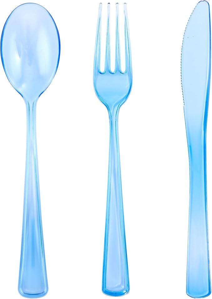 180 Pieces Blue Plastic Silverware Disposable - Clear Blue Cutlery Sets 60 Forks, 60 Knives and 60 Spoons - Heavy Duty Utensils for Party, Wedding, Graduation