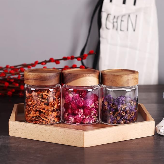 SAIOOL 3 Packs Glass Food Storage Jars with Screw Airtight Seal Acacia Wood Lids,Spice Jars with Lids, Organization for Jars Bottles Containers Travel Gear, Sugar, Salt,Coffee, cookies,spices | Screw Airtight Seal, Spice Jars, For Sugar, Salt, Coffee, ...