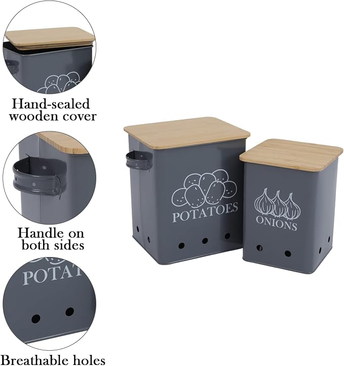 Kitchen Vegetable Storage Tins Set of 2, Onion and Potato Storage Bins with Wooden Lid and Aerating Holes, Garlic Bin Caddy, Vintage Kitchen Decor, Grey