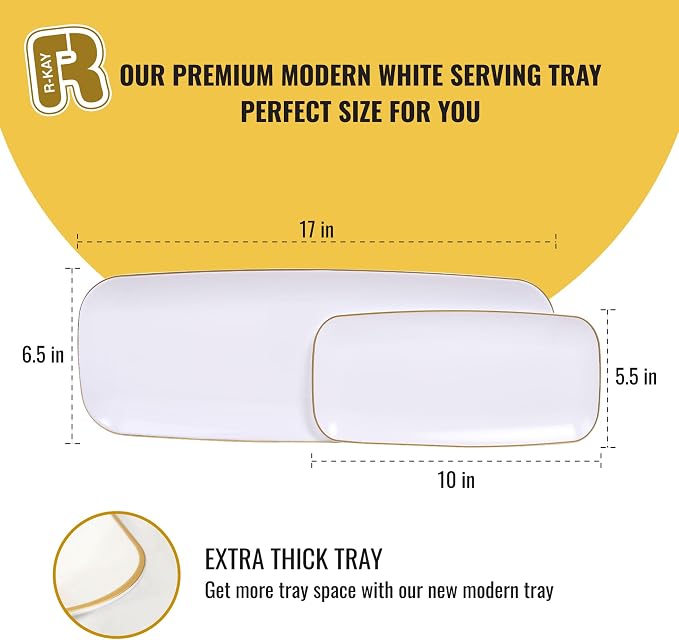 R-kay 4 Pack Plastic Serving Trays - White & Gold - 17 x 6.5 in - Heavy Duty Dessert Trays - Rectangular Party Platters
