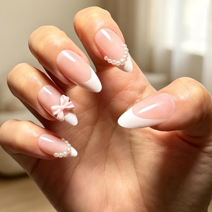 Press on Nails, 6 Packs (144 Pcs) Short Almond Sets, Cute 3D Bow French | 6-Style 12 Sizes, Glossy, Salon Quality, Reusable Full Cover, White Polka Dot Star Chrome Fake Nails