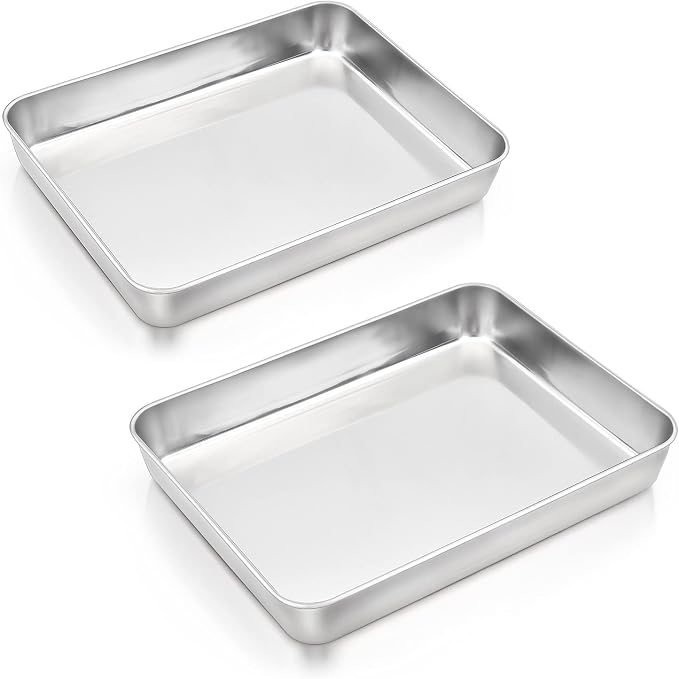 E-far 2 Pack Stainless Steel Baking Pans, 12⅓ x 9¾ x 2 Inch for Cake | Rectangular Deep Sheet Cake Pans for Lasagna Brownies Casseroles, Non-toxic & Healthy, Heavy Duty & Dishwasher Safe