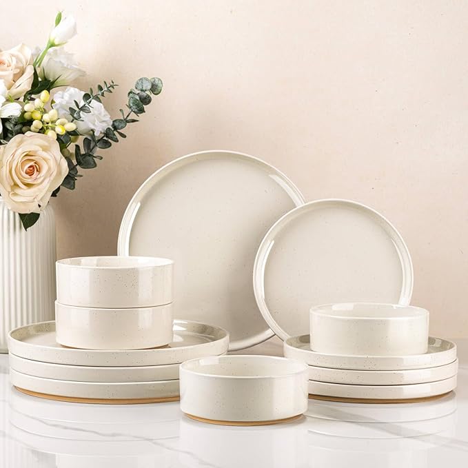 AmorArc Stoneware Dinnerware Sets for 4,12 Pcs Plates and Bowls Set | Handmade Ceramic Dish Set,Dishwasher & Microwave Safe,Scratch Resistant-Beige