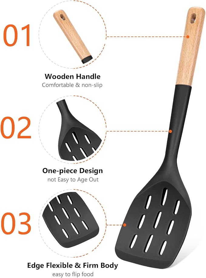 Silicone Spatula, Non Stick Turner for Cooking, Food Grade, Black | Heat Resistant, Flexible Edge, 2 Pack Wooden Handle Kitchen Turner for Baking Mixing Grilling Serving Food