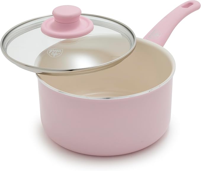 GreenLife 2.5QT Ceramic Nonstick Saucepan with Glass Lid, Pink | PFAS-Free Nonstick Coating, Multipurpose Cooking Pot, Milk Pan, Soup Pot, Stay-Cool Handle, Dishwasher & Oven Safe up to 350F