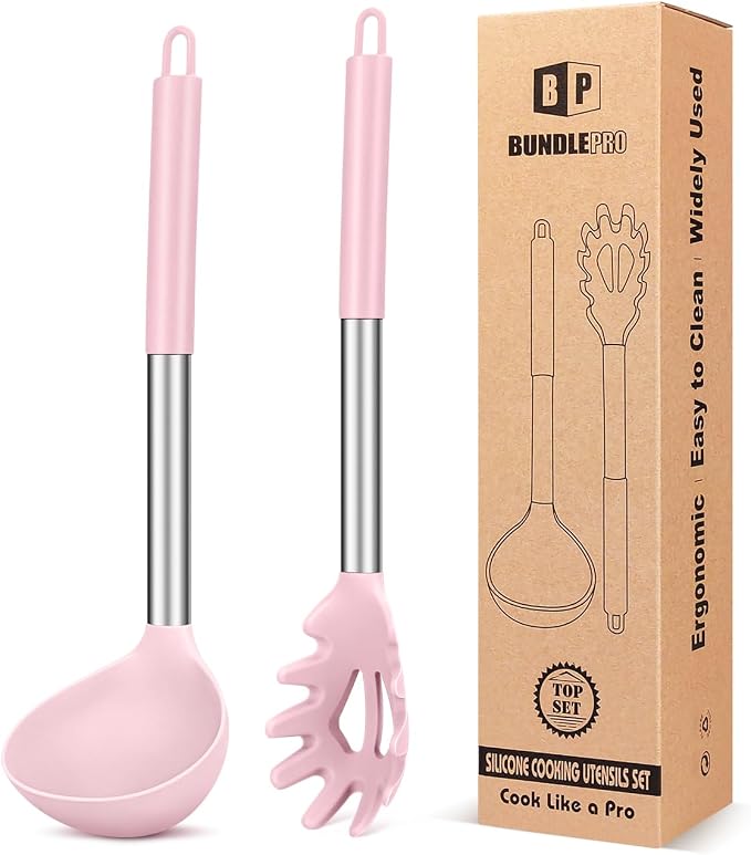 BUNDLEPRO Silicone Pasta Fork and Ladle Spoon Set, 2 Pack, Pink | Large Non Stick, High Heat Resistant Kitchen Utensils for Cooking,Stirring,Serving Spaghetti, Soup, Sauce