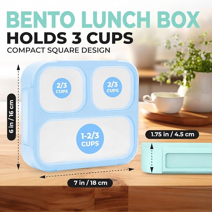 kinsho Bento Boxes for Kids, Lunch Box Snack Containers for Boys Girls Toddler Daycare School Travel, Leak Proof 3 Divider Portion Control Containers BPA Free - Pastel Blue +Teal 2 Pack Set