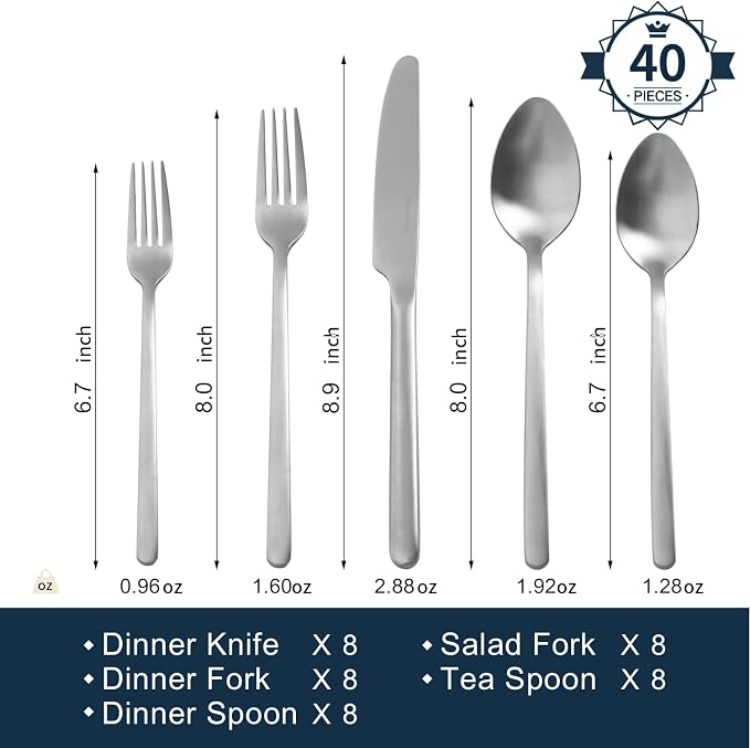 40 Piece Silverware Set, Flatware Set for 8, 18/10 Stainless Steel Cutlery Set Mirror Polished Modern Design Dishwasher Safe, Matte Silver
