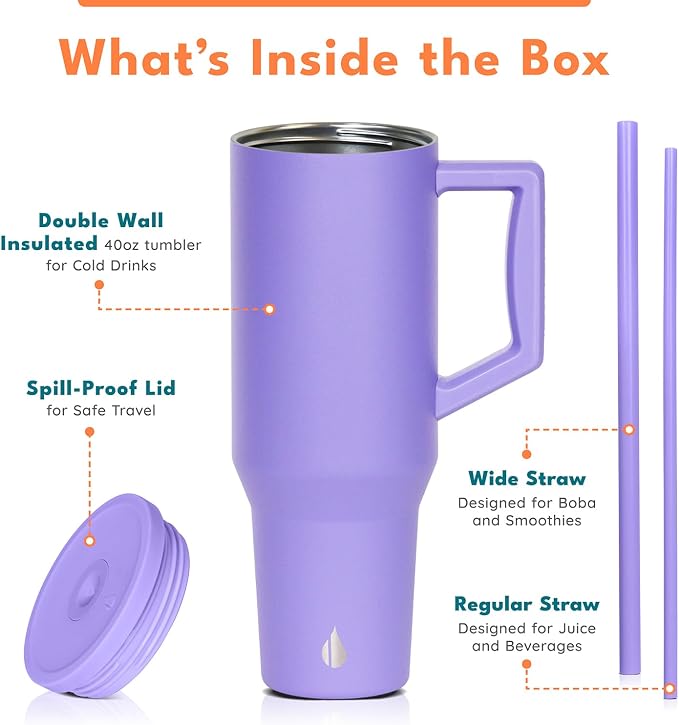Elemental Spill Proof 40oz Insulated Tumbler with Handle & Straw Travel Mug | Stainless Steel Commuter Travel Coffee Mug for Cold Beverages, Includes 2 Straws & a Spill Proof Lid for Everyday Use
