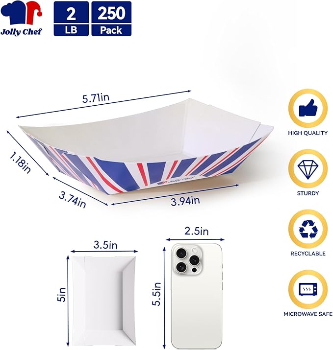 2lb Paper Food Trays, 250 Pack Paper Food Boats Disposable Serving Boats for Gameday,Food Holder Trays for Snacks French Fries Nachos Hot Dog Tacos BBQ Party