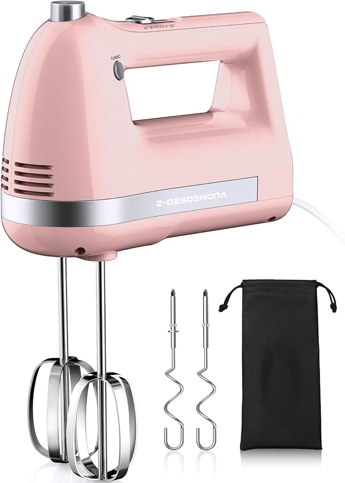 Electric Hand Mixer, Powerful Hand Mixer Electric Handheld with 304*(2*Beaters, 2*Dough Hooks),(1*Storage Bag) Hand Held Mixer with Turbo for Baking Cakes,Cream(Pink)