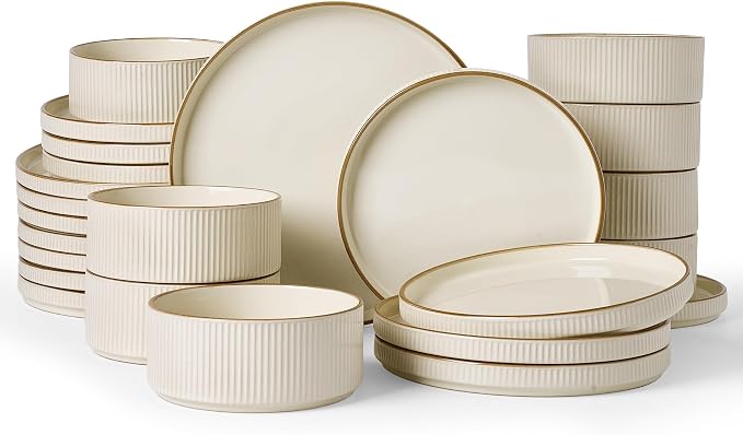 Famiware Stoneware Dinnerware Set for 8, Rimmed Plates, Bowls, Cream Dishes | 24-Piece Ceramic Dishes, Chip & Scratch Resistant , Microwave & Dishwasher Safe, Everyday Dining, Modern Rustic, Lipped Edges