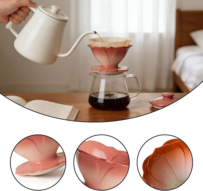 Premium Ceramic Pour Over Coffee Dripper，Includes 40pcs Coffee Filter Papers, suitable for home and travel, Flower Petal Dripper（Gradient Red）