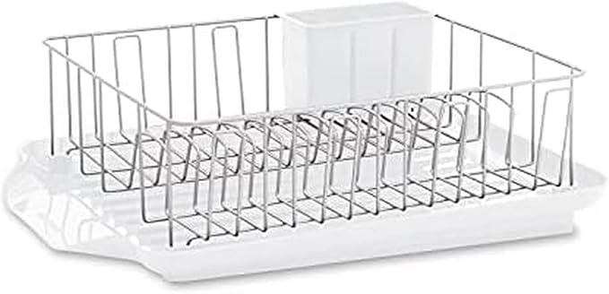 Farberware Classic Large Rust Resistant Full Dishrack with Removable 3 Compartment Flatware Caddy, Andlged Drain Board, 3-Piece, White