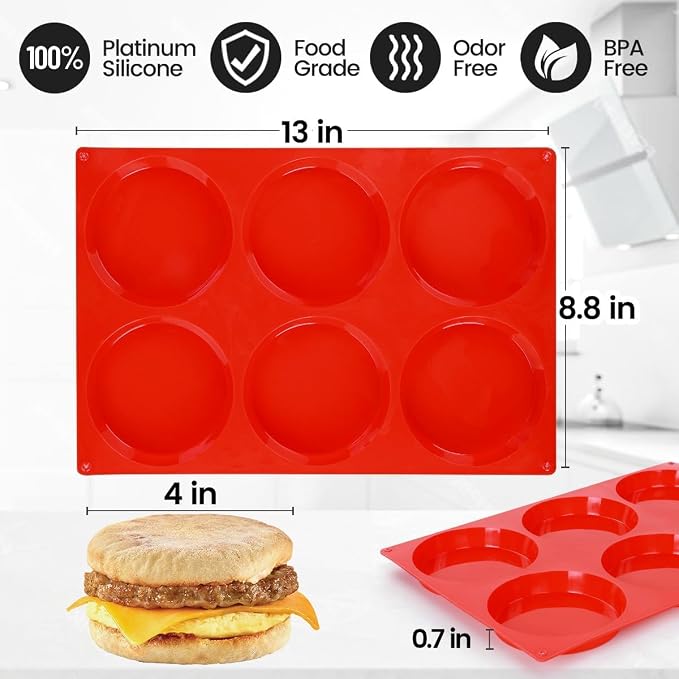 CAKETIME Jumbo Muffin Top Pan, Silicone Egg Molds for Breakfast Sandwiches 4 Inch Large Baking Pan for Oven English muffins, Whoopie Pies, Corn Bread, Tarts 2 Pack Red