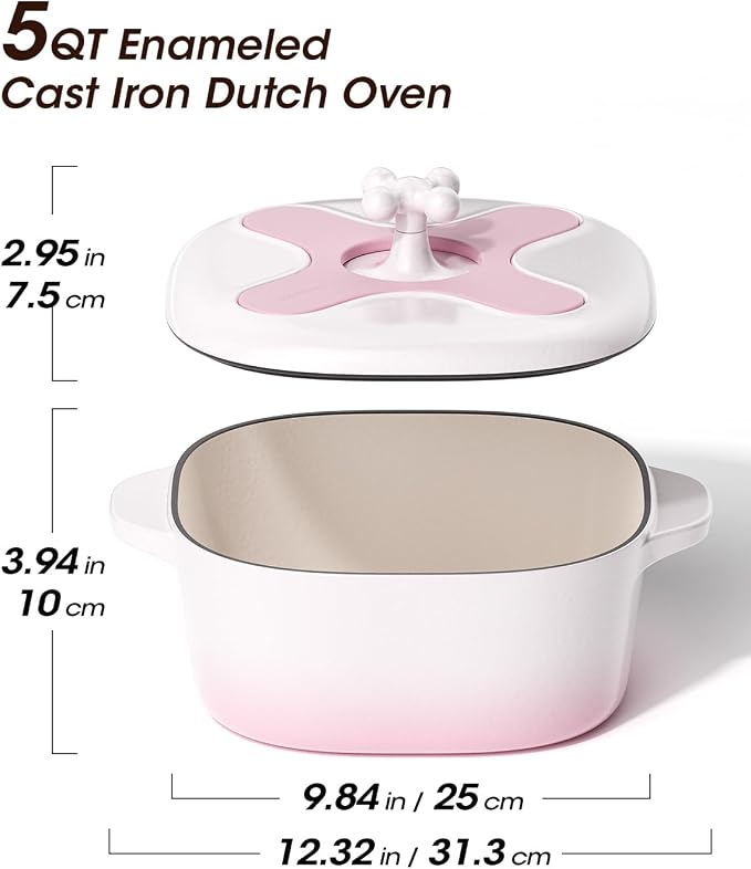 5 Qt Enameled Cast Iron Dutch Oven with Lid, Cream Pink White | 6-Layer Nonstick Enamel, Extra Capacity Oval Design, Heavy Self-Basting Lid, Heat-Resistant Silicone Pad Included