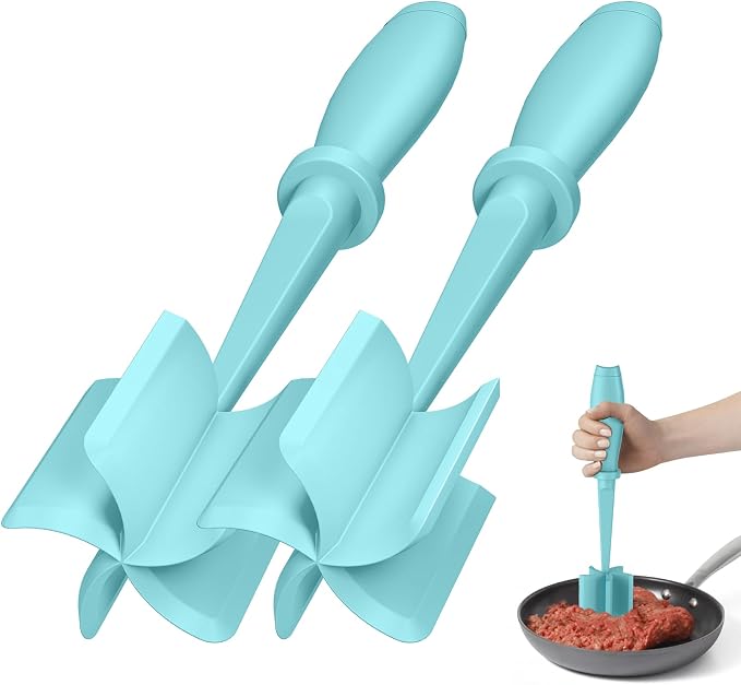 2Pack Meat Chopper Upgrade Hamburger Smasher, Masher for Ground Beef | Heat Resistant, Food-Grade Nylon, for Ground Turkey/Chicken and More, Non Stick Mix Grinder, Dishwasher Safe, Aqua