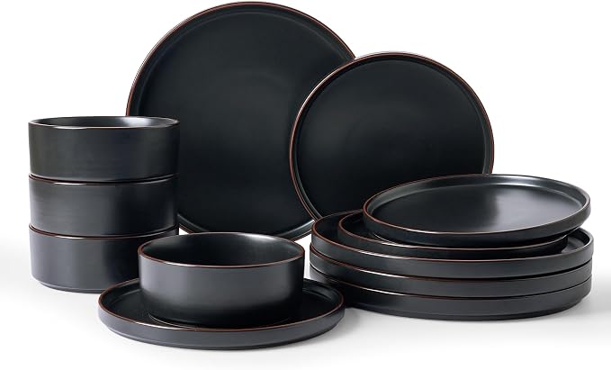 Famiware Nebula Ridge 12-Piece Stoneware Dinnerware Set, Matte Black | Plates and Bowls for 4, Warm Hand-Painted Rims, Microwave and Dishwasher Safe, Daily Essentials