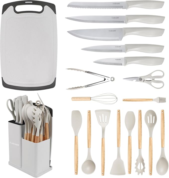 19PCS White Kitchen Cooking Utensils Set Kitchen Tools Set | 6 Stainless Steel Knives, 11 Silicone Utensils with 1 Cutting Board, Ideal for Apartment
