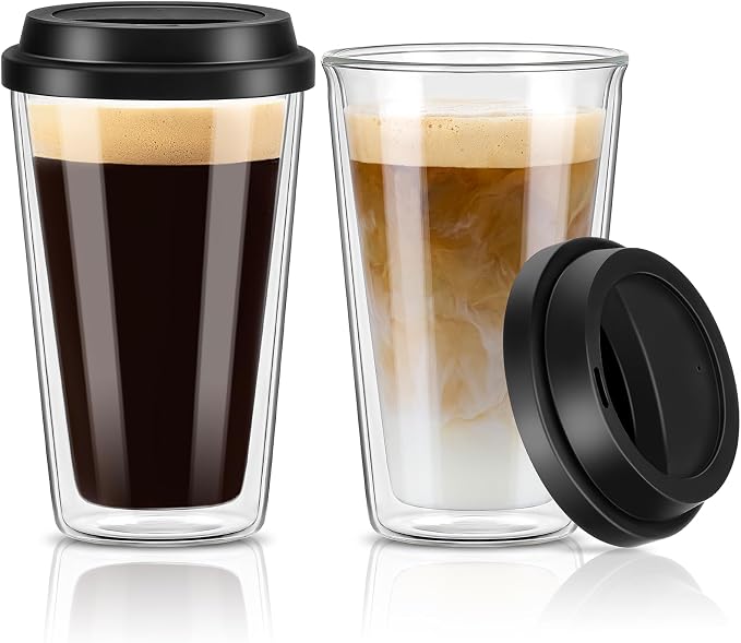 Qipecedm® 2 Packs Double Walled Glass Coffee Mugs with Silicone Lids, 12 OZ Reusable Glass Coffee Cups, Insulated Coffee Mugs, Cappuccino,Tea,Latte,Iced Coffee Cups, Glass Travel Mug, Heat Resistant