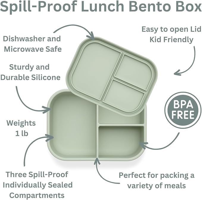 Ali+Oli Silicone Bento Box for Kids, Lunch Container for Toddler Daycare | BPA-Free; Spill-Proof Lid; Three Compartments for Food Separation; Portion Control; Snack Storage; Travel Friendly