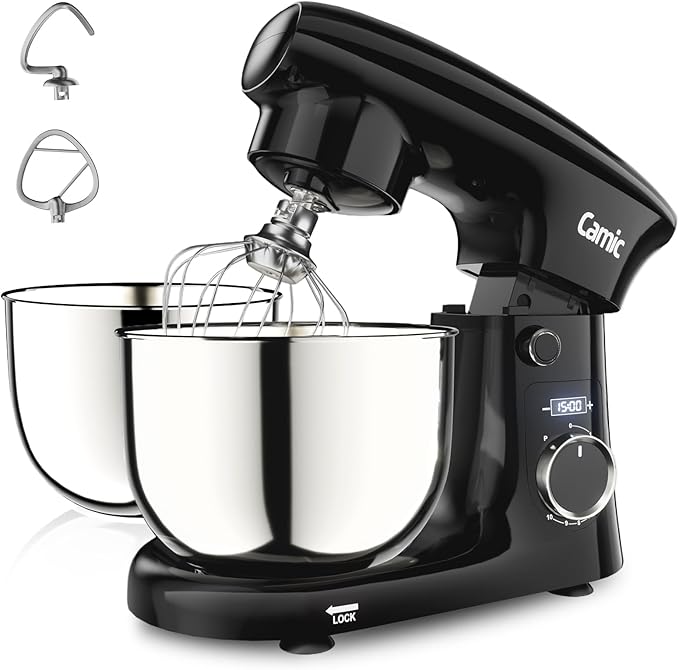 Camic Stand Mixer, 4.2QT+5.3QT Two bowls Electric Food Mixer, 10 Speeds with Digital setting 3-IN-1 Kitchen Mixer for Baking Cakes Cookie Bread Salad with Egg Whisk,Dough Hook,Flat Beater