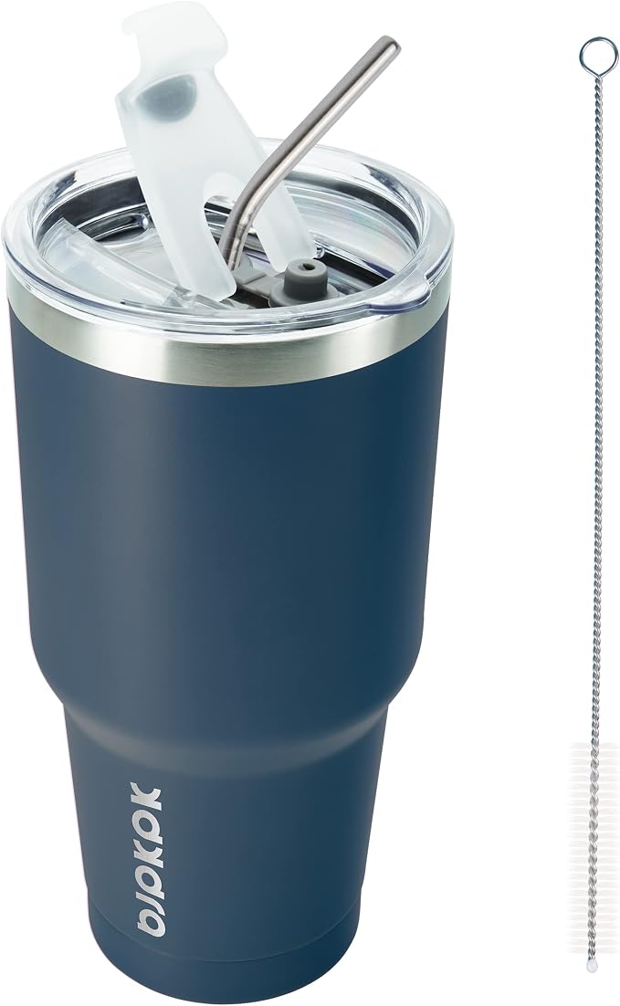 BJPKPK 30 oz Tumbler with Lid and Straw, Insulated Stainless Steel Cup | Double Wall Vacuum, BPA Free, Leak Proof, Keeps Hot/Cold, Travel & Beach Ready, Car Holder Fit, Navy Blue
