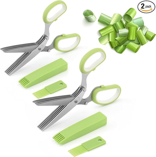 2 Pairs Herb Shears, 5 Blade Kitchen Salad Scissors Stainless Steel with Cover, Herb Scissors Upgrated Grinding Kitchen Shears for Chopping Cilantro Scallion & Salad (2 Pairs for Herb)