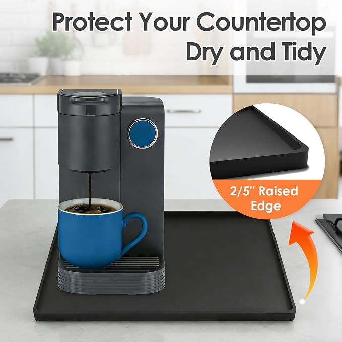Silicone Coffee Maker Mat with Lip for Countertops, 18.9'' x 11.8'', Black | Multi leak-proof coffee tray for countertop, non-slip silicone mat fits most coffee makers & espresso machines, wipe-clean