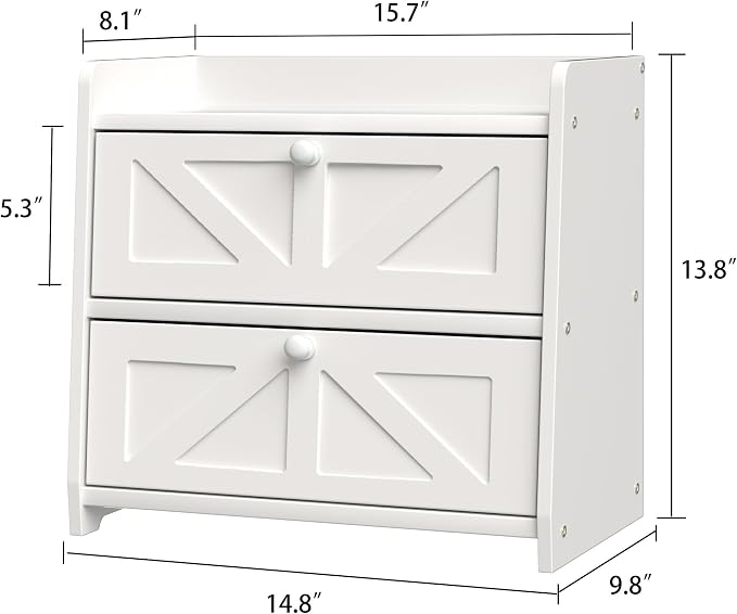 Bread Box for Kitchen Countertop, Double Layer Wooden Breadbox, Large Capacity Bread Storage Bin, Homemade Bread Storage Container, Farmhouse Breadbox Organizer, White