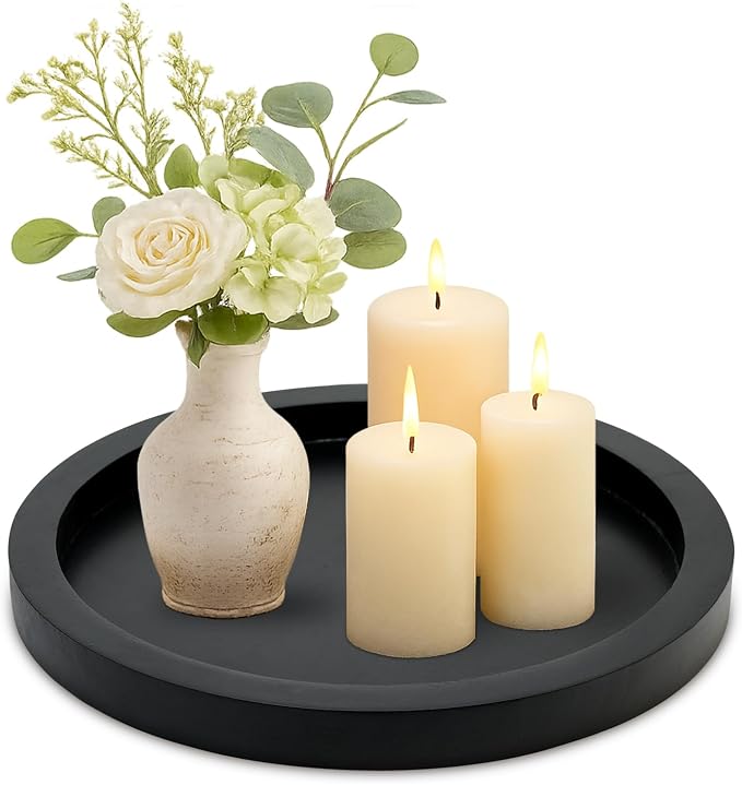 Black Round Wood Decorative Tray for Coffee Dining Table Centerpiece Decor | Small Wooden Serving Trays Farmhouse Kitchen Island Living Room Decor Candle Plates Holder Bathroom Counter Tray Accessories