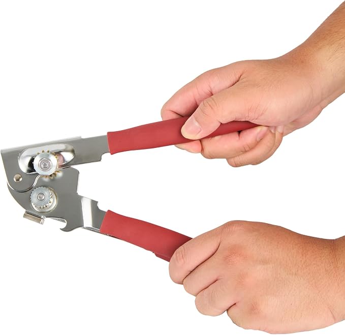 Restaurantware Stainless Steel Magnetic Manual Can Opener - German Standard Red Crank Can Opener with Magnet, Ergonomic Handles, Non-Slip - Heavy-Duty Hand Can Opener, Easy Turn, Sharp Blade