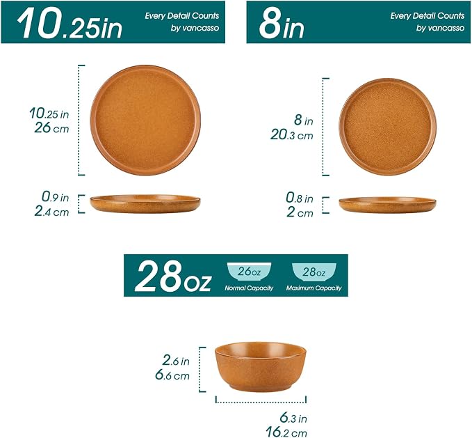 vancasso ZERMATT 18 Pieces Stoneware Dinnerware, Plates and Bowls Set for 6 | Dinnerware Set for 6 in Caramel Yellow Reactive Glaze Stoneware, Plates and Bowls, Microwave and Dishwasher Safe
