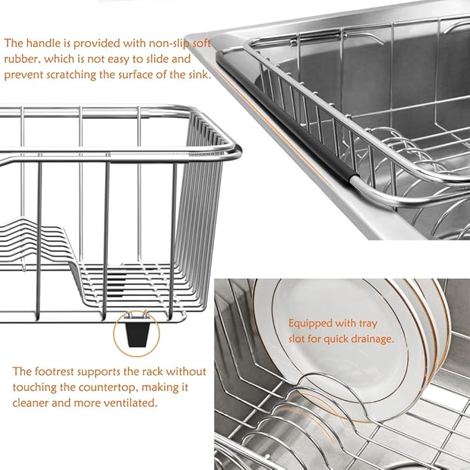 NiuYichee Stainless Steel Dish Drying Rack(15" L X 12.6" W X 4.7" H), Expandable Fruit & Vegetable Drain Rack Over Sink, Dish Drainer Rack in Sink, with Utensil Holder & Silicone Mat(16")