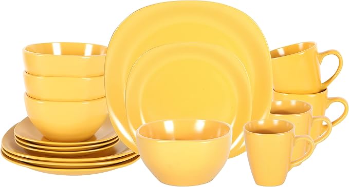 HomeVss, Stoneware Square 16pc Dinnerware Set, Matte Yellow