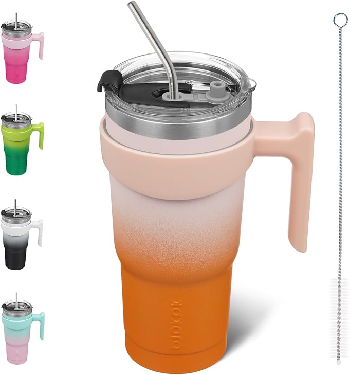 BJPKPK 20 oz Tumbler with Handle & Straw, Insulated Stainless Steel Mug | Double Wall Vacuum, Keeps Hot/Cold, Thermal Cup, BPA Free, Dishwasher Safe, Cupholder Fit, Coffee & Travel, Coral