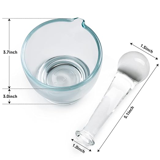 Mortar and Pestle Set, Glass Medicine Grinder, 4oz | Nonporous glass bowl, pour spout, heavy base and comfort grip for powders, seeds or herbs
